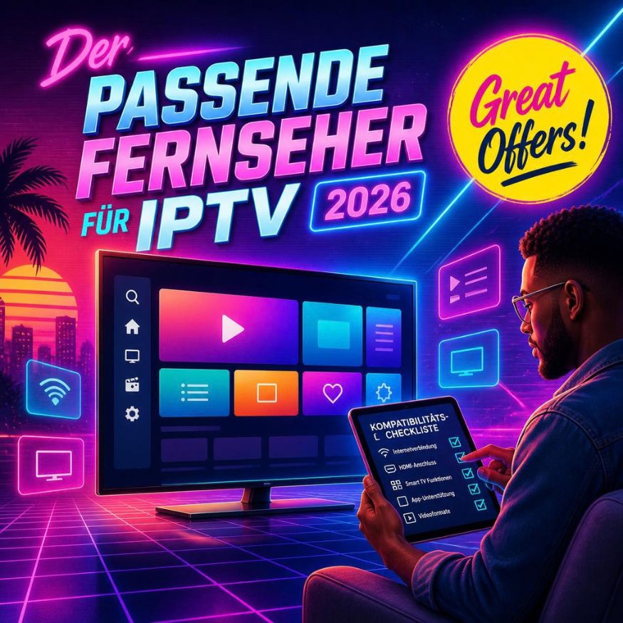 Moderner Fernseher für IPTV mit farbenfroher Oberfläche und Kompatibilitäts-Checkliste