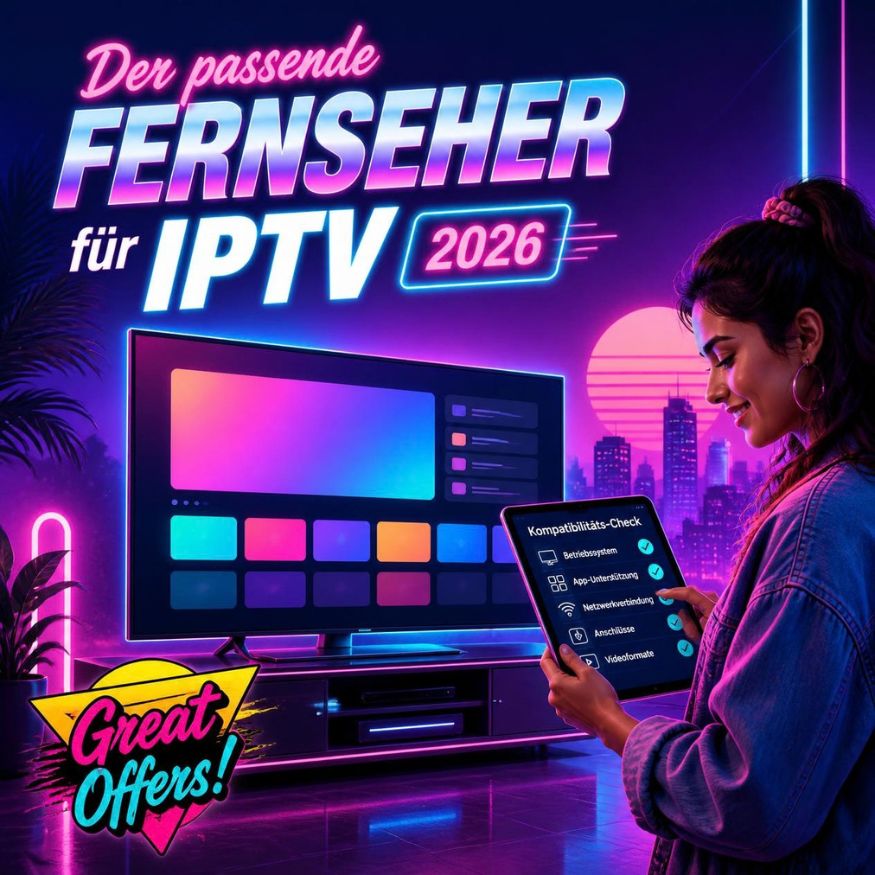Moderner Fernseher für IPTV mit farbenfroher Oberfläche und Kompatibilitäts-Checkliste