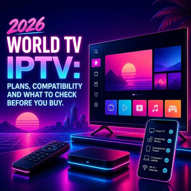 World TV IPTV guide showing a television, streaming device, smartphone, and remote for comparing plans and device compatibility