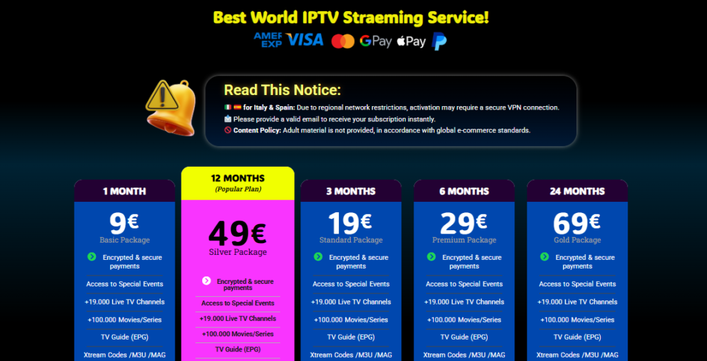 WorldIPTV service dashboard showing subscription options and global IPTV access