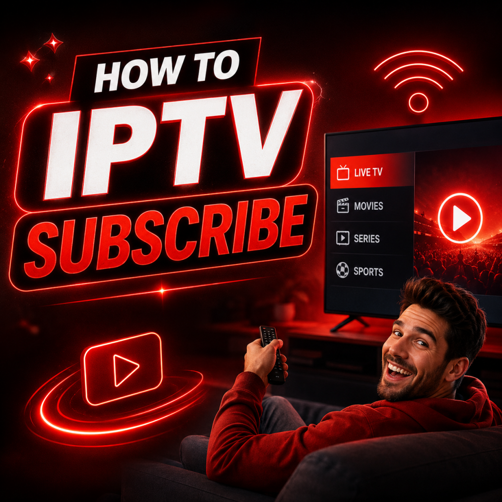 Person using a remote to iptv subscribe on a smart TV showing an iptv streaming service dashboard in a bright modern living room