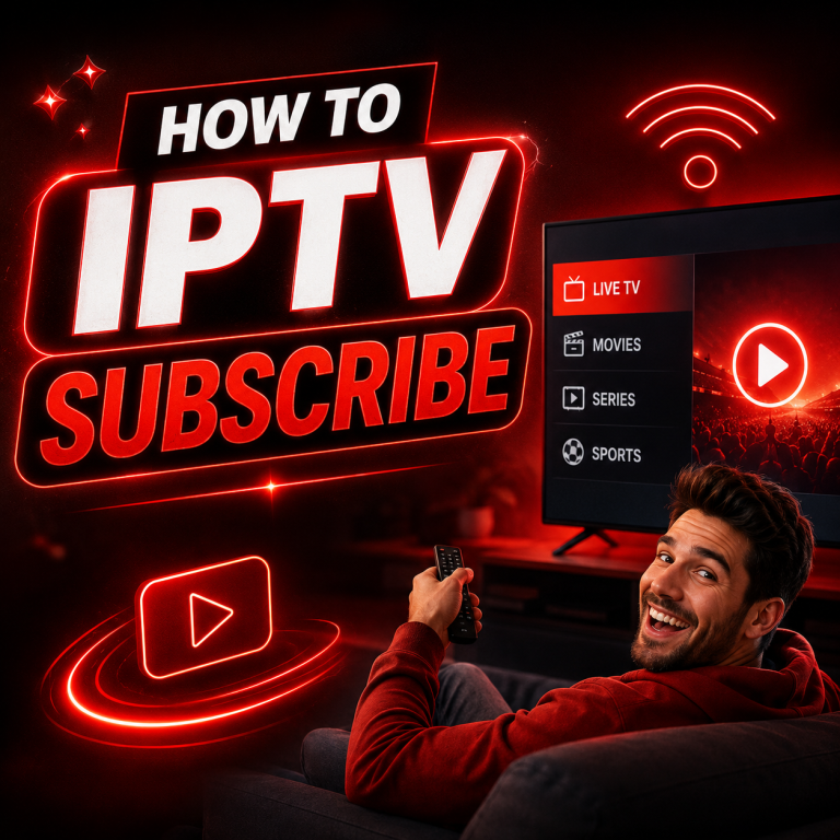 Person using a remote to iptv subscribe on a smart TV showing an iptv streaming service dashboard in a bright modern living room