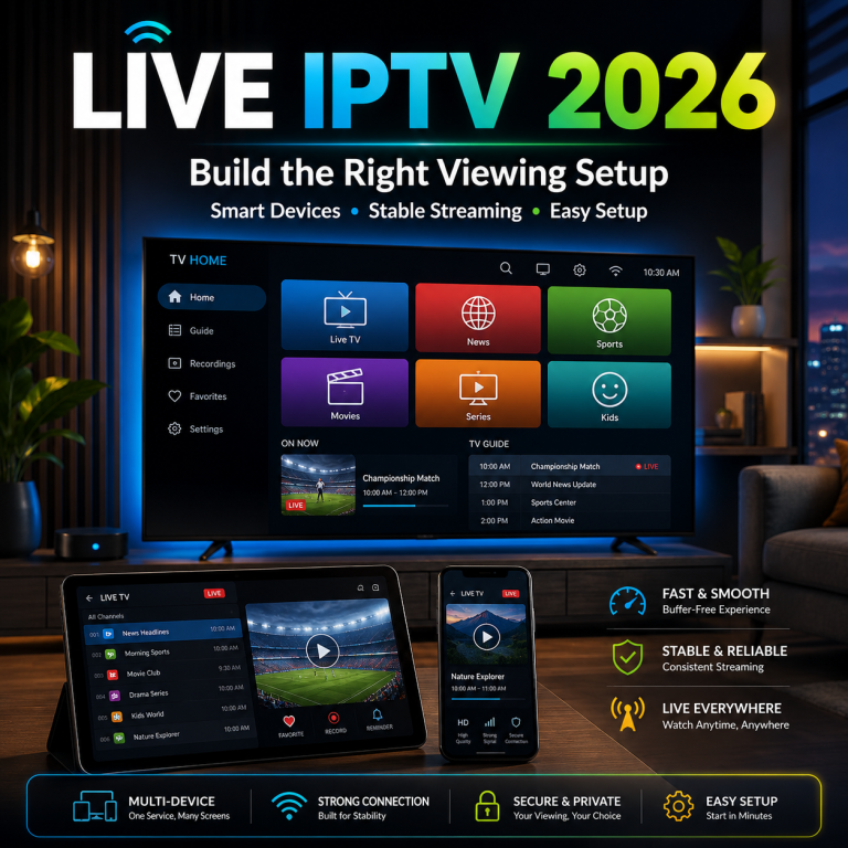 Live IPTV 2026 guide showing a smart TV, streaming interface, and home setup for watching live channels